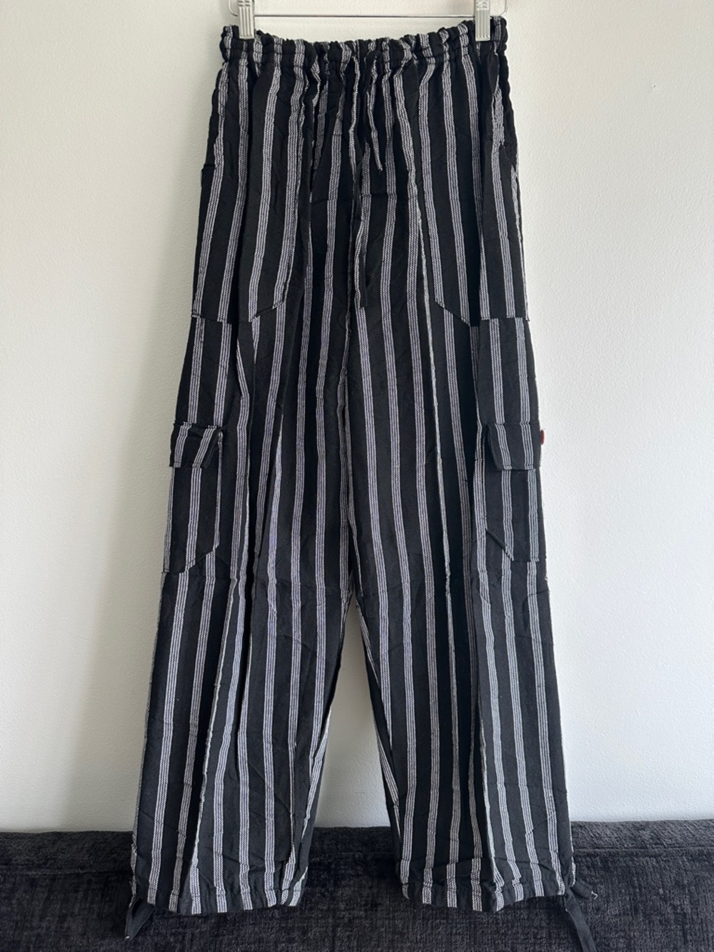 Peru/Ecuador Handmade Cotton Boho Black & Gray Striped Joggers Pants Large
